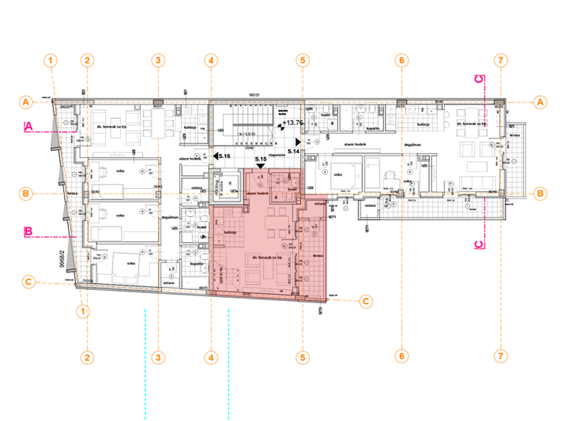 Pozicija na spratu stan 15 - donji nivo